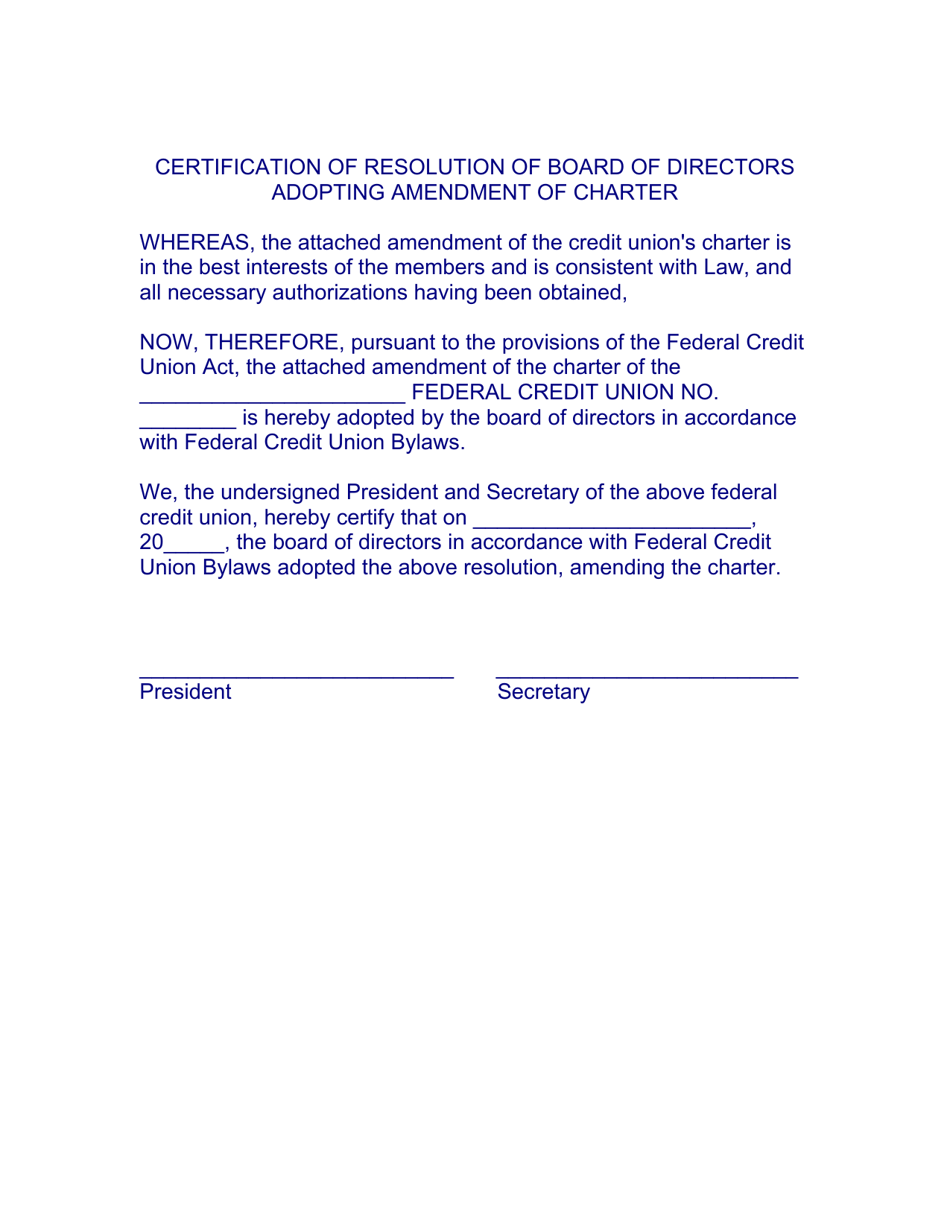 Certification of Resolution of Board of Directors Adopting Amendment of Charter, Page 1