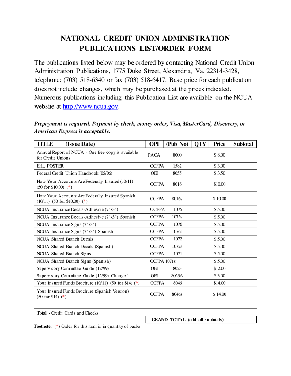 National Credit Union Administration Publications List / Order Form, Page 1