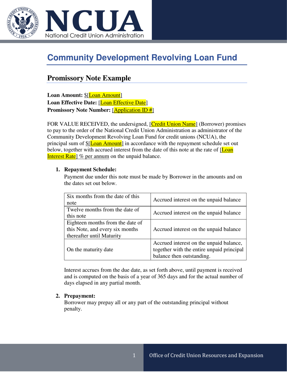 Example Loan Promissory Note, Page 1