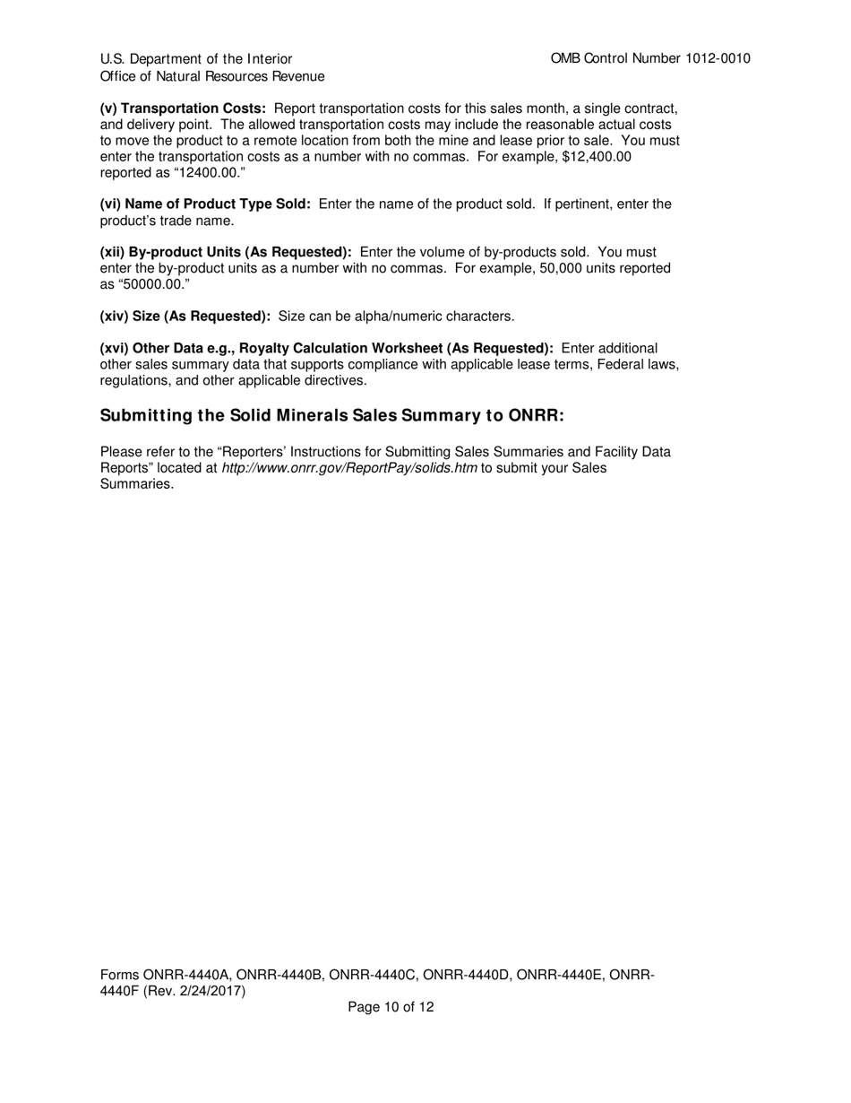 Instructions for Form ONRR-4440 Solid Minerals Sales Summary, Page 10
