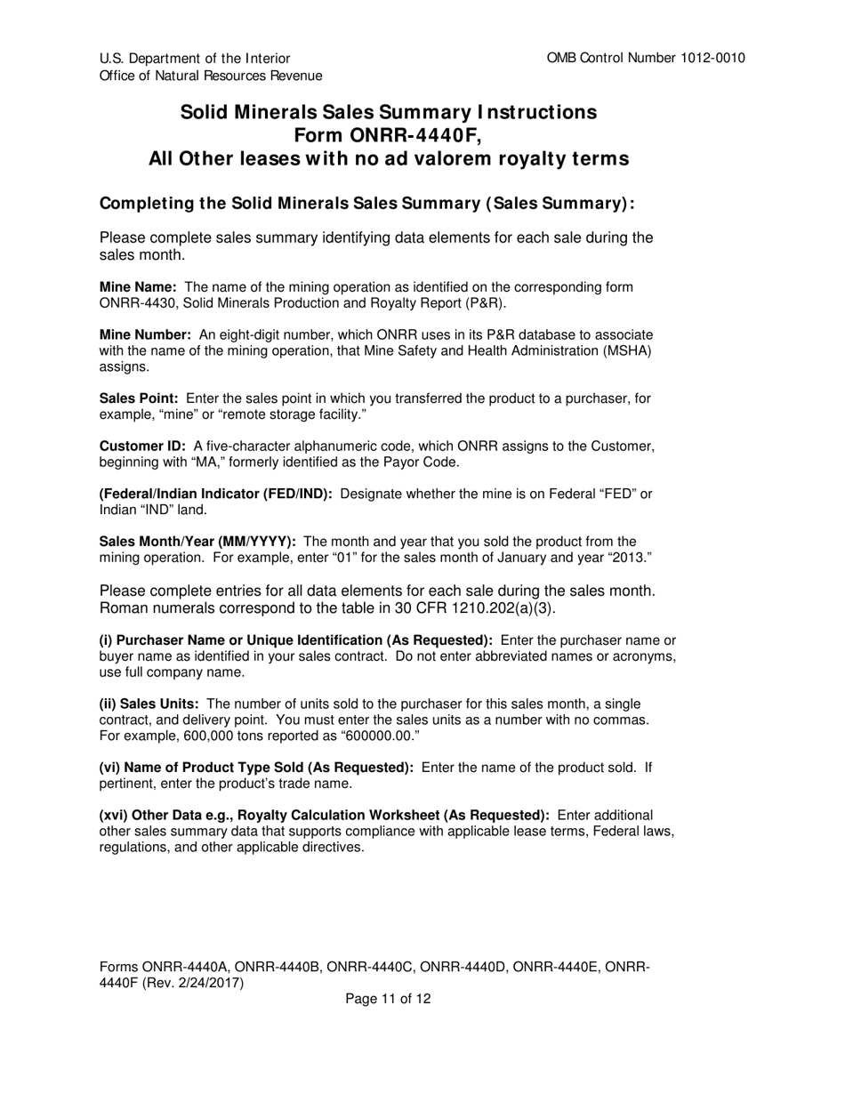 Instructions for Form ONRR-4440 Solid Minerals Sales Summary, Page 11