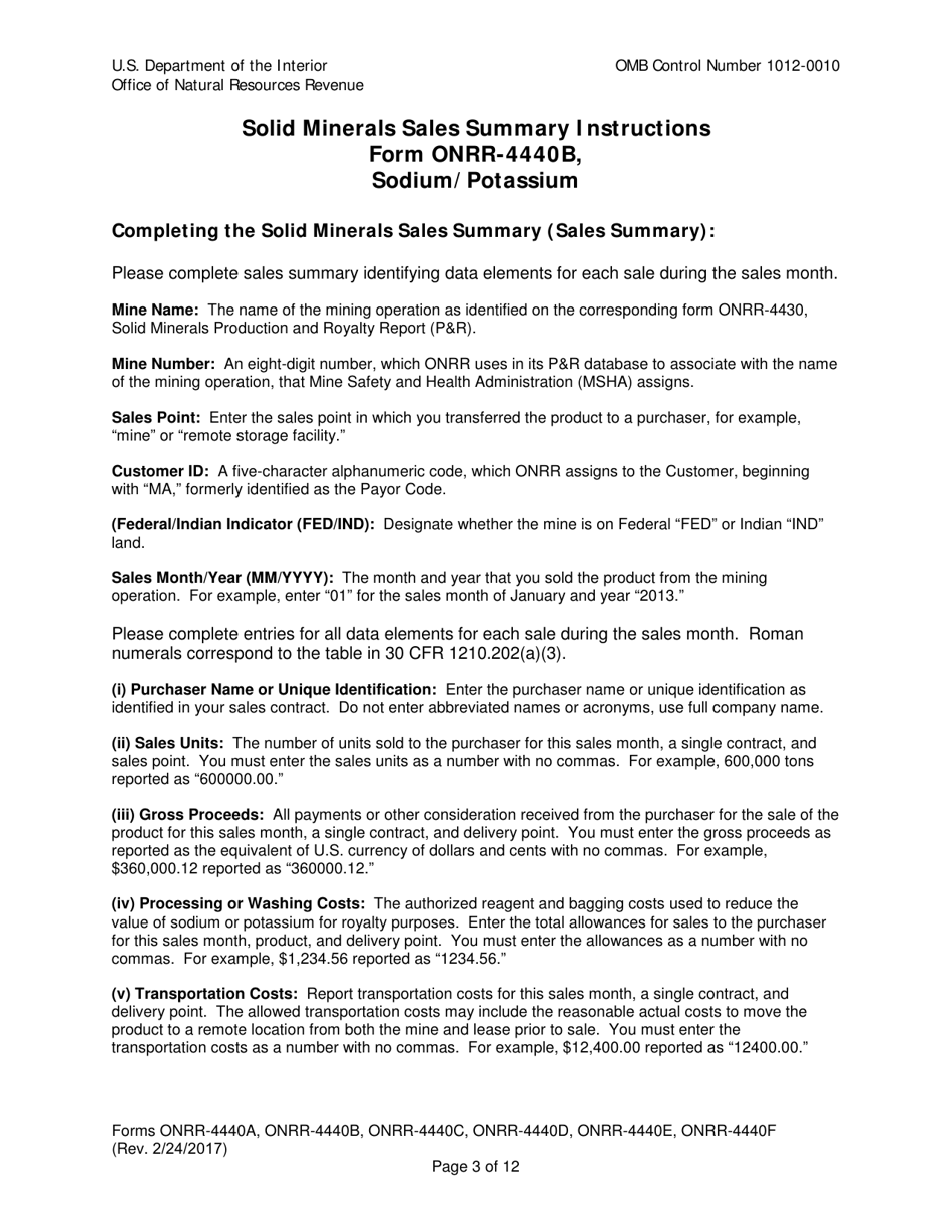 Instructions for Form ONRR-4440 Solid Minerals Sales Summary, Page 3