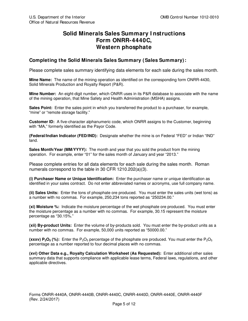 Instructions for Form ONRR-4440 Solid Minerals Sales Summary, Page 5