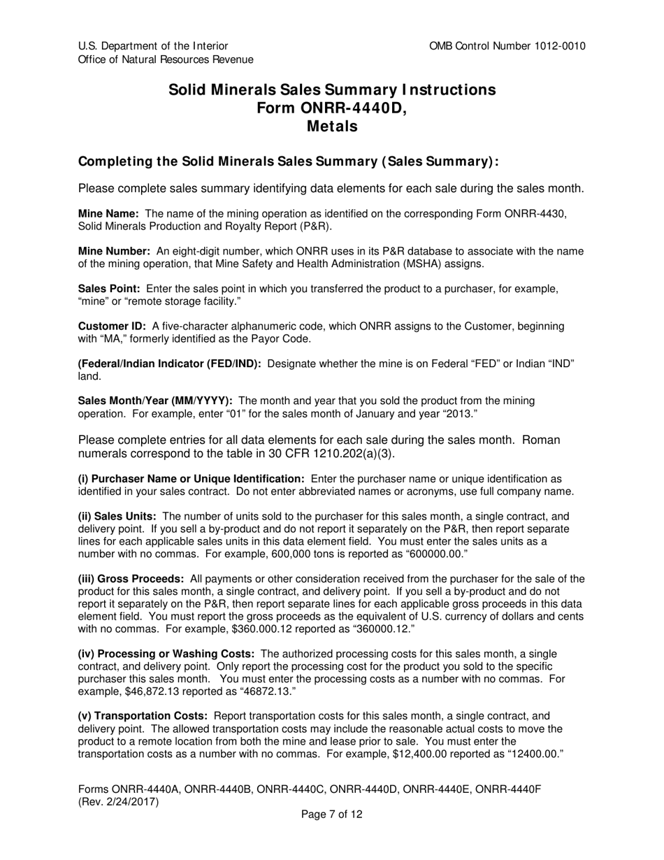 Instructions for Form ONRR-4440 Solid Minerals Sales Summary, Page 7