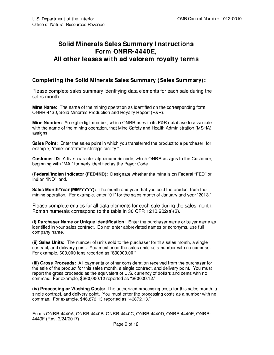 Instructions for Form ONRR-4440 Solid Minerals Sales Summary, Page 9