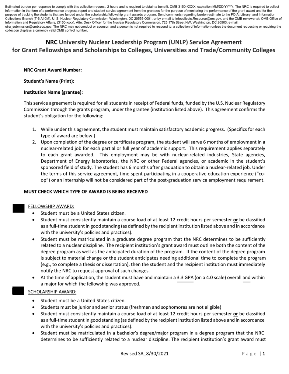 NRC University Nuclear Leadership Program (Unlp) Service Agreement for Grant Fellowships and Scholarships to Colleges, Universities and Trade / Community Colleges, Page 1