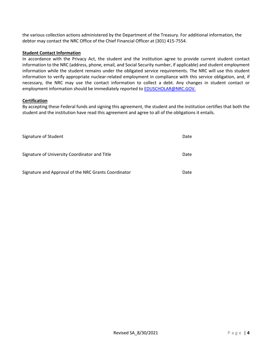 NRC University Nuclear Leadership Program (Unlp) Service Agreement for Grant Fellowships and Scholarships to Colleges, Universities and Trade / Community Colleges, Page 4
