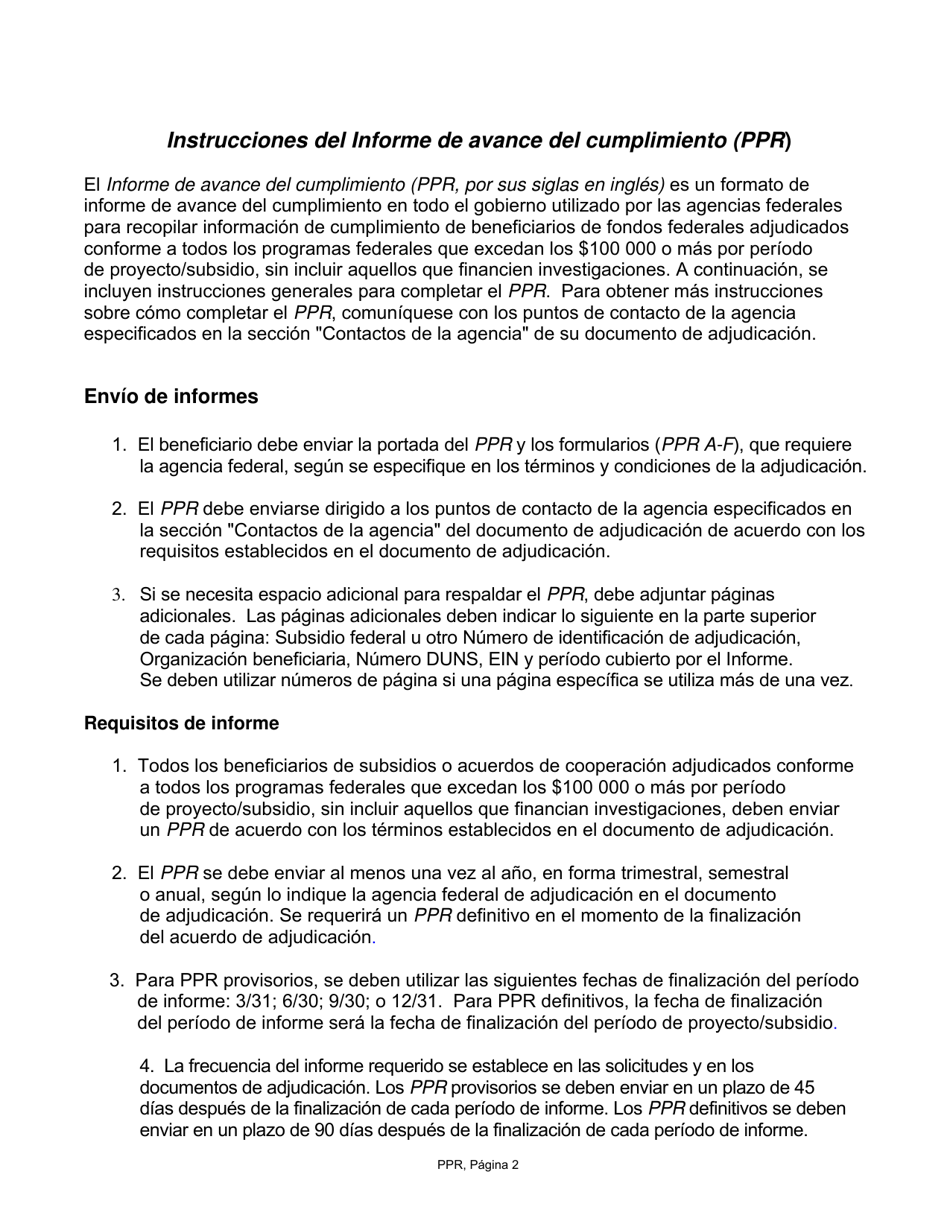 Formulario SF-PPR Informe De Avance Delcumplimiento (Spanish), Page 2