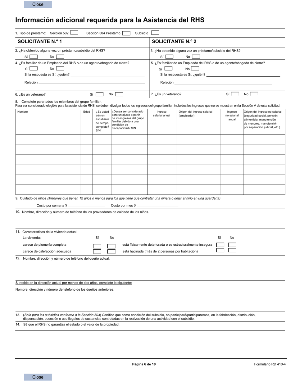 Formulario RD410-4 Solicitud De Asistencia Rural (Zona No Agricola) - Solicitud Uniforme Para Prestamo Residencial (Spanish), Page 6