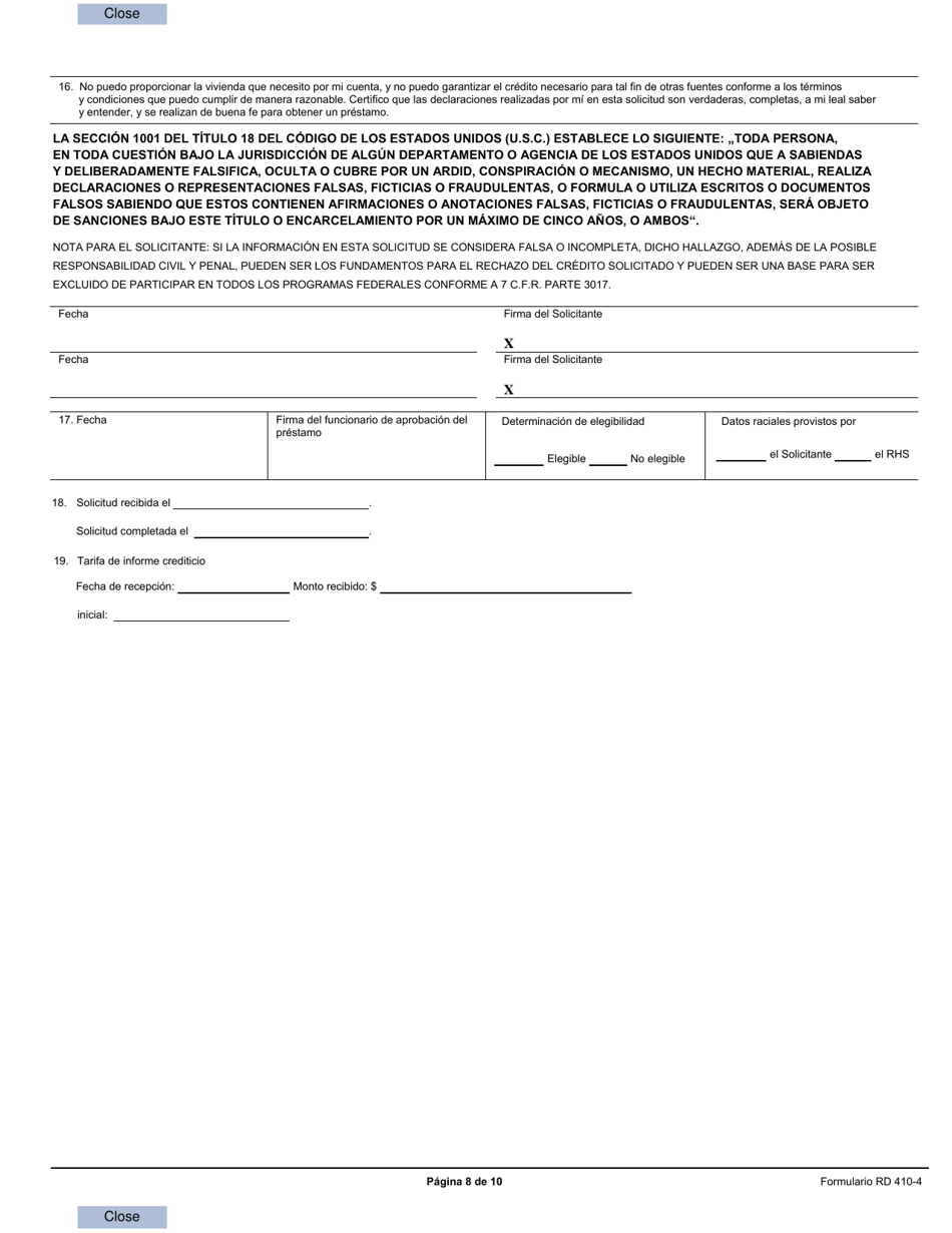 Formulario RD410-4 Solicitud De Asistencia Rural (Zona No Agricola) - Solicitud Uniforme Para Prestamo Residencial (Spanish), Page 8