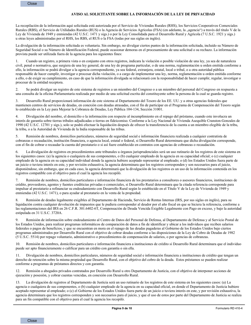 Formulario RD410-4 Solicitud De Asistencia Rural (Zona No Agricola) - Solicitud Uniforme Para Prestamo Residencial (Spanish), Page 9