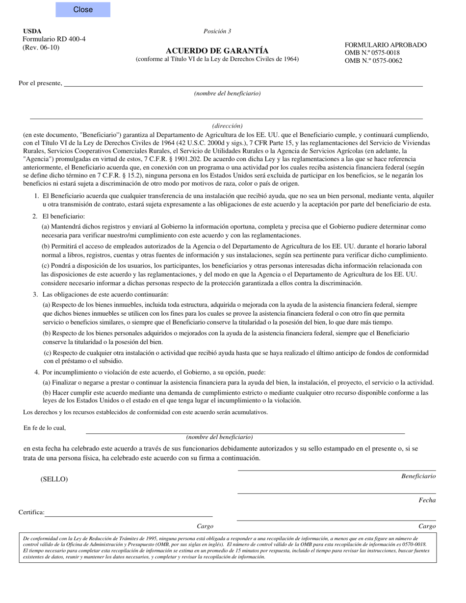 Formulario RD400-4 Acuerdo De Garantia (Spanish), Page 1