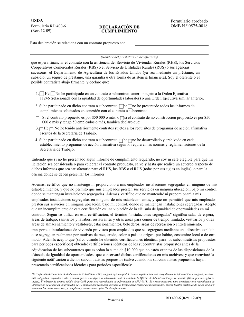 Formulario RD400-6 Declaracion De Cumplimiento (Spanish), Page 1