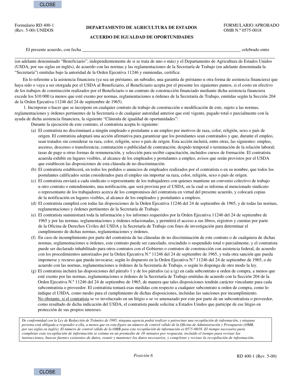 Formulario RD400-1 Acuerdo De Igualdad De Oportunidades (Spanish), Page 1