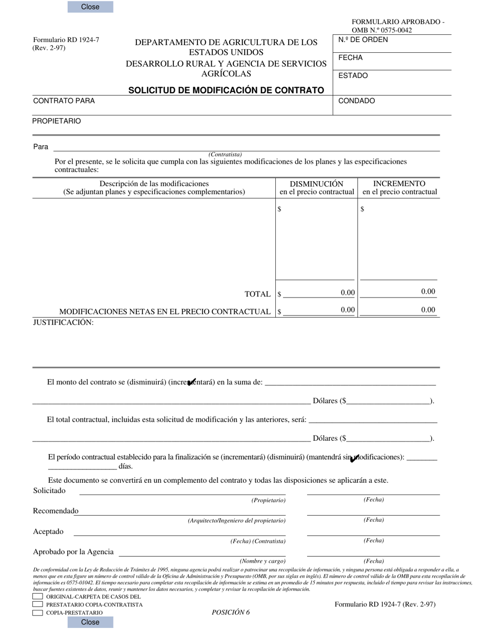 Formulario RD1924-7 Solicitud De Modificacion De Contrato (Spanish), Page 1