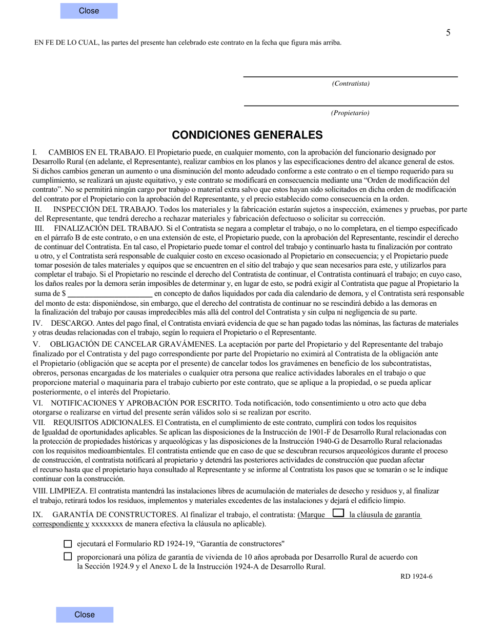 Formulario RD1924-6 Contrato De Construccion (Spanish), Page 5