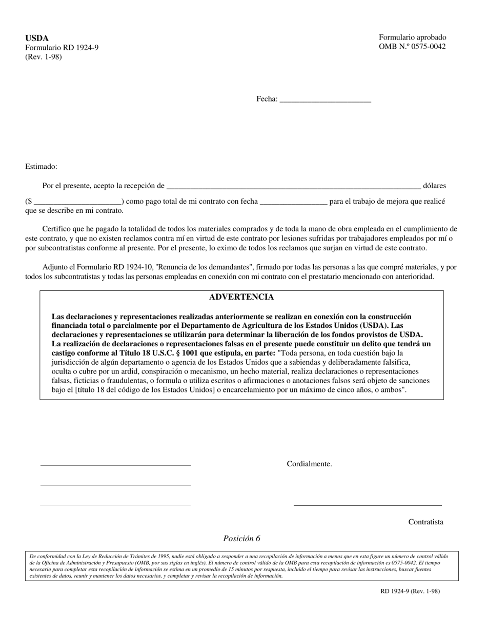 Formulario RD1924-9 Certificacion De La Liberacion Del Contratista (Spanish), Page 1