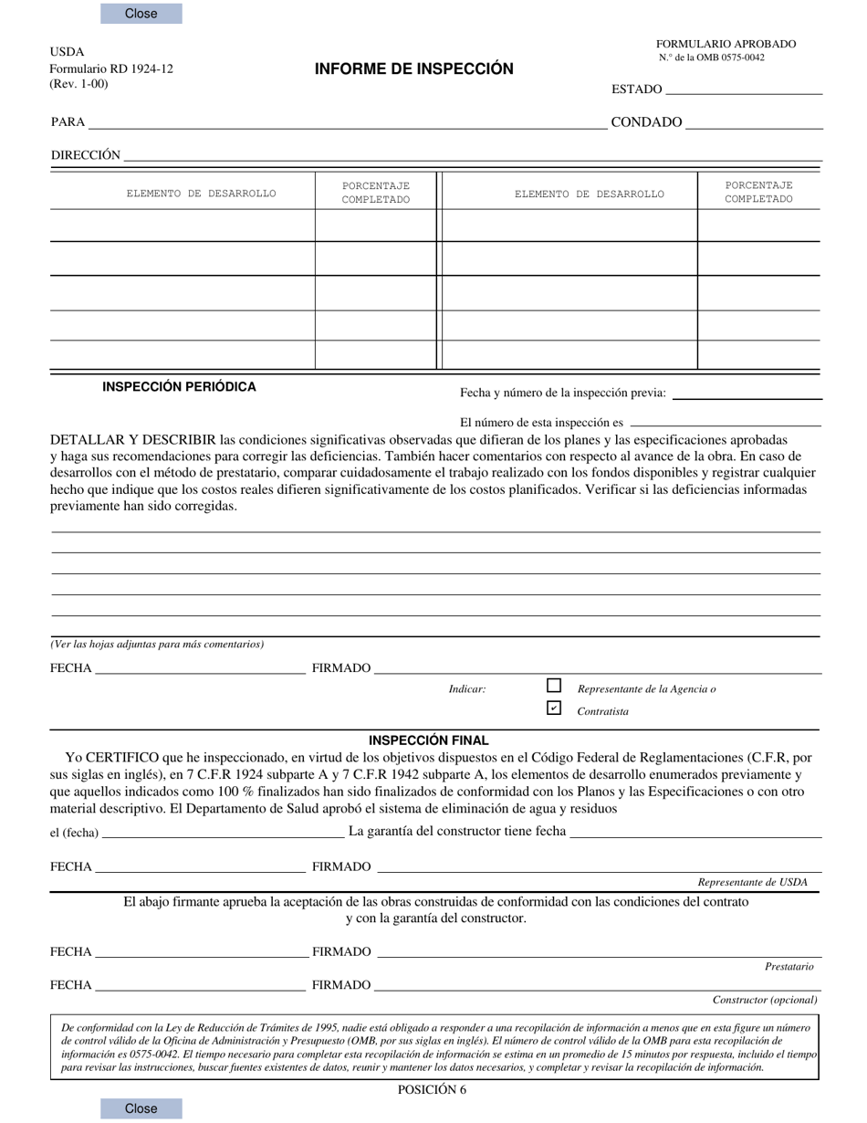 Formulario RD1924-12 Informe De Inspeccion (Spanish), Page 1