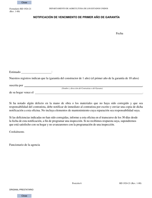 Formulario RD1924-21 Notificacion De Vencimiento De Primer Ano De Garantia (Spanish)
