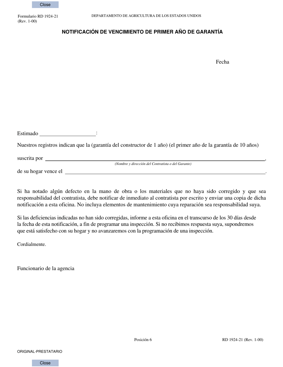 Formulario RD1924-21 Notificacion De Vencimiento De Primer Ano De Garantia (Spanish), Page 1