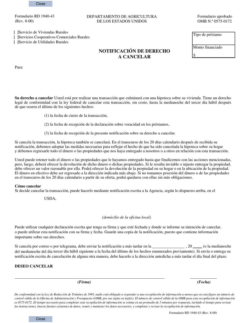 Formulario RD1940-43 Notificacion De Derecho a Cancelar (Spanish), Page 1