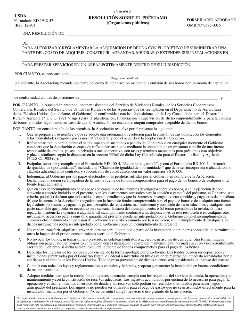 Formulario RD1942-47 Resolucion Sobre El Prestamo (Organismos Publicos) (Spanish), Page 1