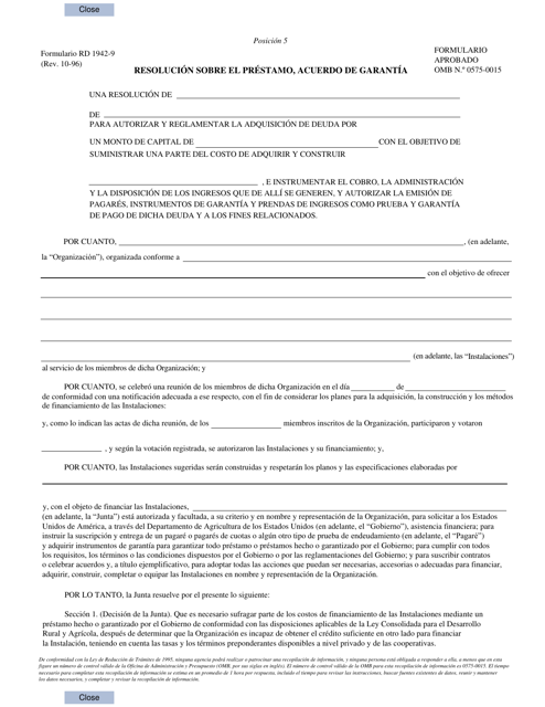 Formulario RD1942-9 Resolucion Sobre El Prestamo, Acuerdo De Garantia (Spanish)