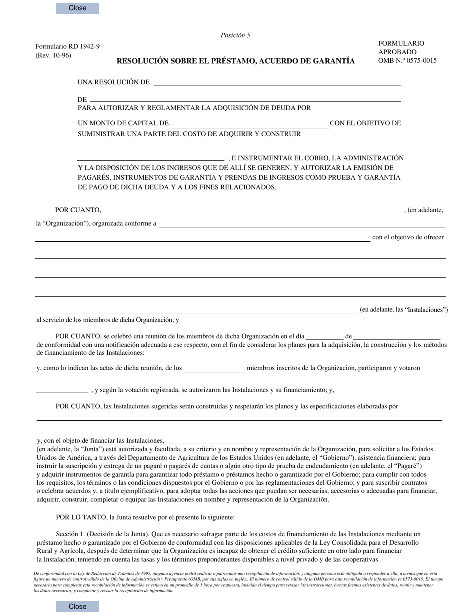 Formulario RD1942-9 Resolucion Sobre El Prestamo, Acuerdo De Garantia (Spanish), Page 1