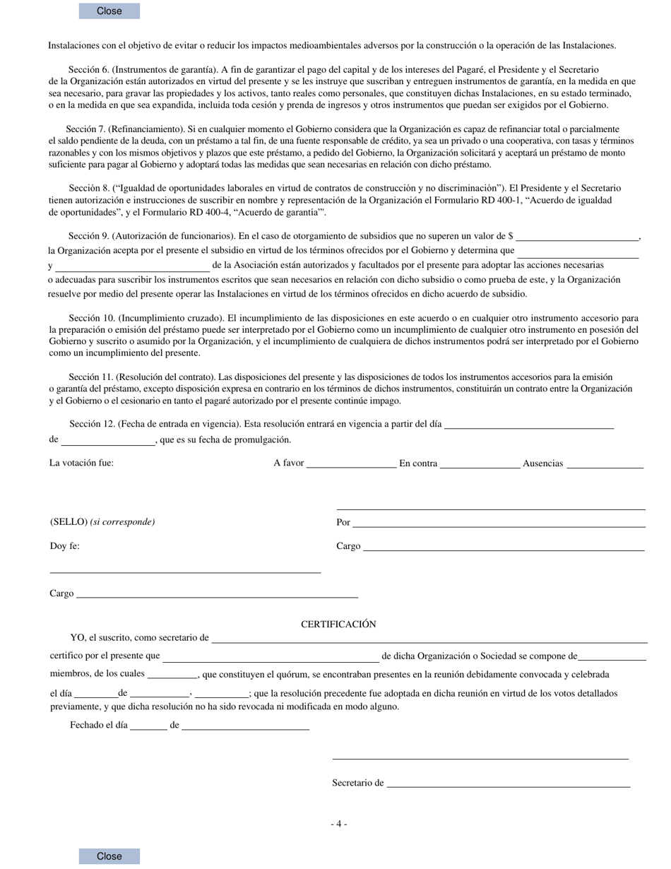 Formulario RD1942-9 Resolucion Sobre El Prestamo, Acuerdo De Garantia (Spanish), Page 4