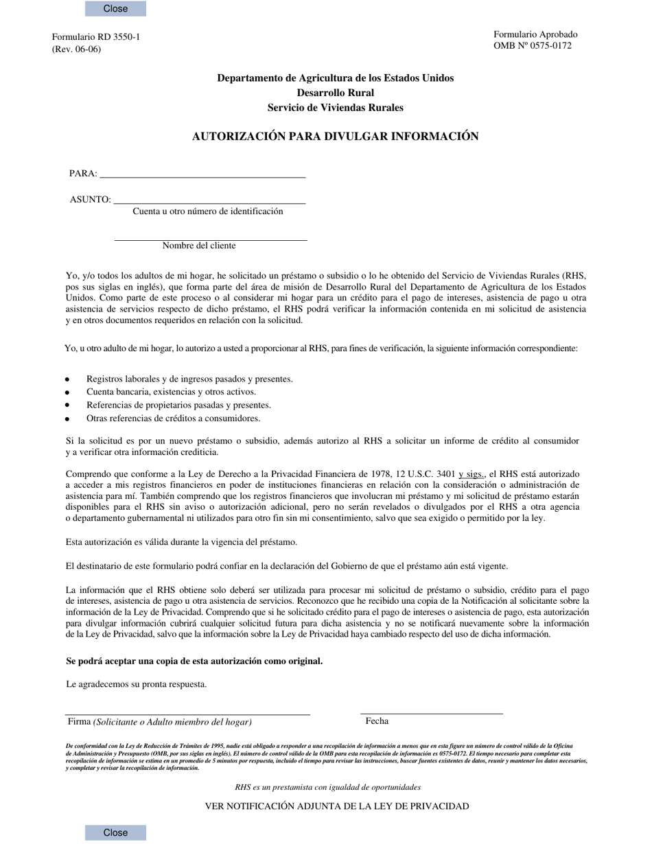 Formulario RD3550-1 Autorizacion Para Divulgar Informacion (Spanish), Page 1