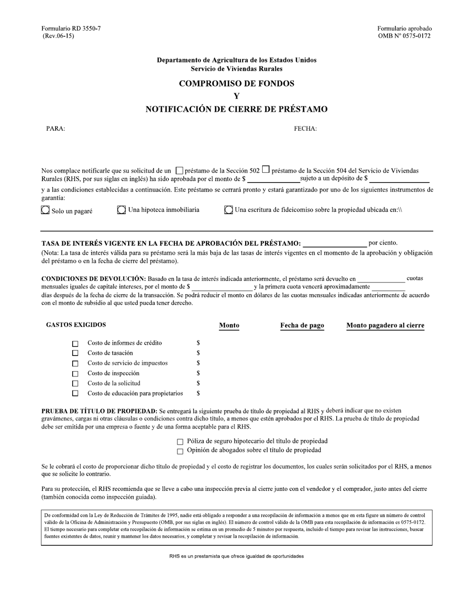 Formulario RD3550-7 Compromiso De Fondos Y Notificacion De Cierre De Prestamo (Spanish), Page 1