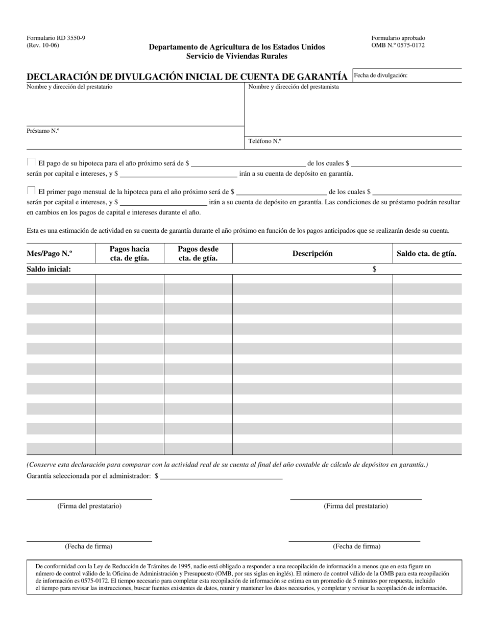 Formulario RD3550-9 Declaracion De Divulgacion Inicial De Cuenta De Garantia (Spanish), Page 1