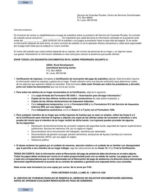 Formulario RD3550-21 Certificacion De Renovacion Del Pago De Subsidios (Spanish)