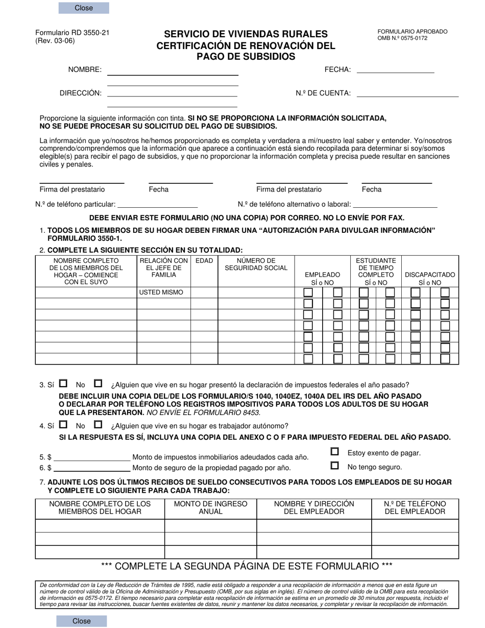 Formulario RD3550-21 Certificacion De Renovacion Del Pago De Subsidios (Spanish), Page 2