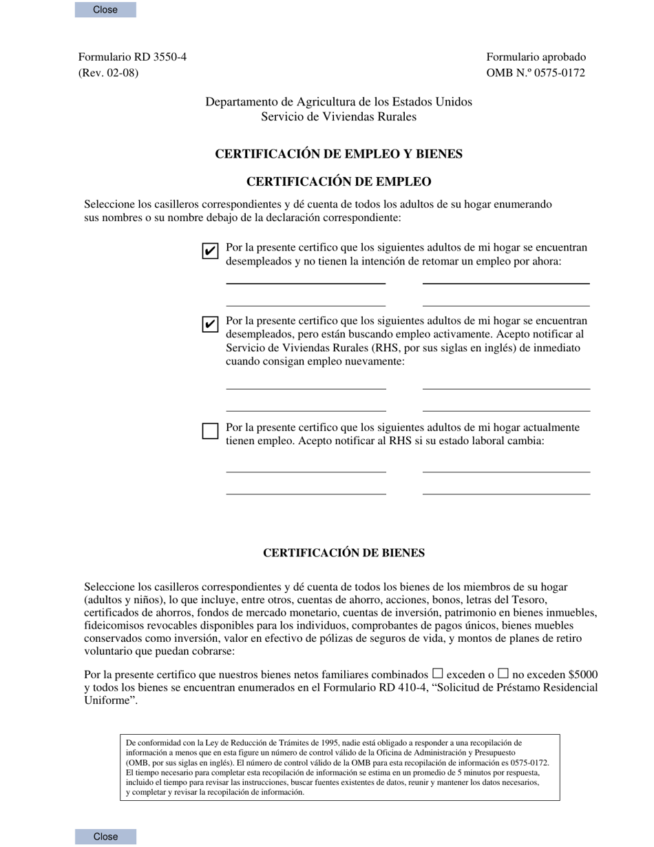 Formulario RD3550-4 Certificacion De Empleo Y Bienes (Spanish), Page 1