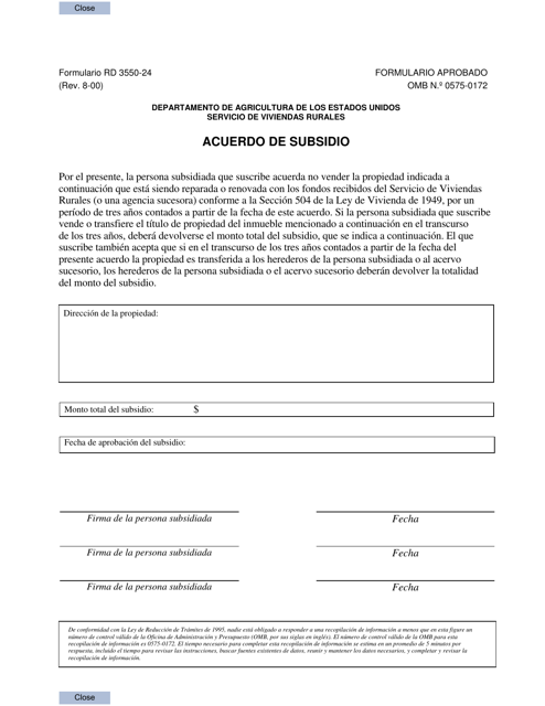 Formulario RD3550-24 Acuerdo De Subsidio (Spanish)