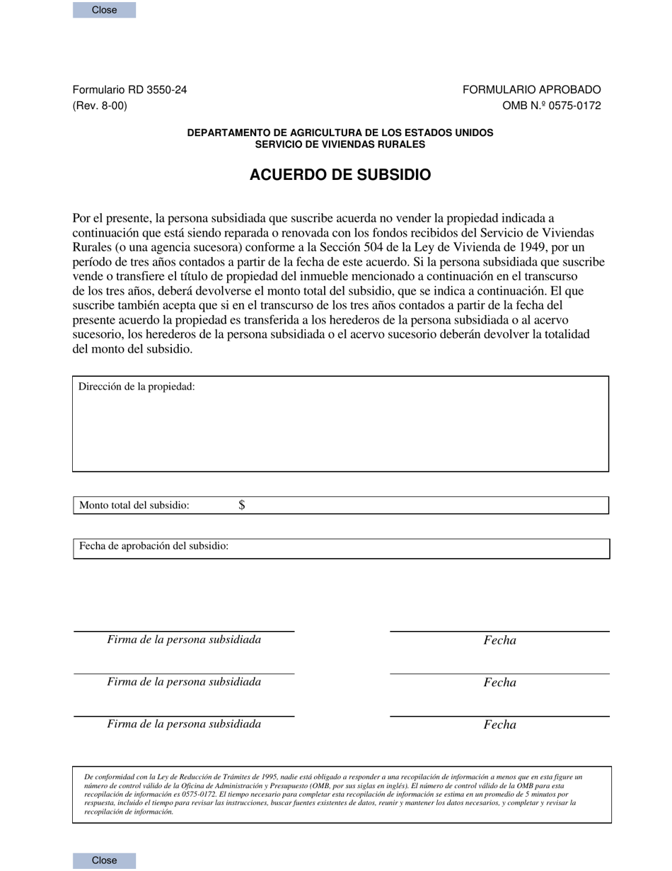 Formulario RD3550-24 Acuerdo De Subsidio (Spanish), Page 1
