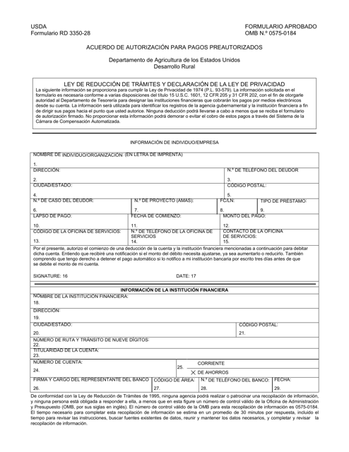 Formulario RD3550-28 Acuerdo De Autorizacion Para Pagos Preautorizados (Spanish)