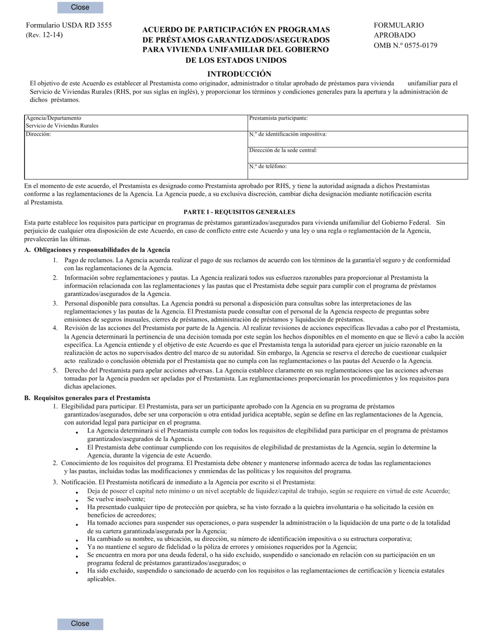Formulario RD3555 Acuerdo De Participacion En Programas De Prestamos Garantizados / Asegurados Para Vivienda Unifamiliar Del Gobierno De Los Estados Unidos (Spanish), Page 1