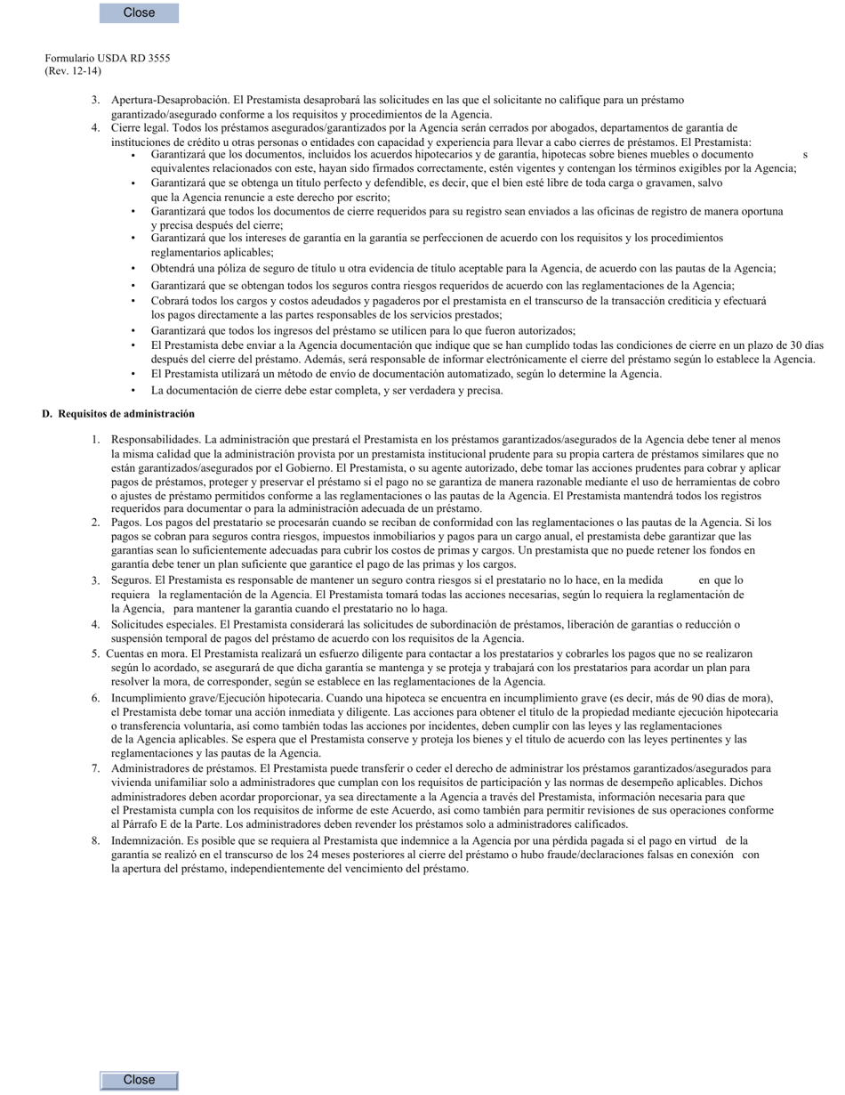 Formulario RD3555 Acuerdo De Participacion En Programas De Prestamos Garantizados / Asegurados Para Vivienda Unifamiliar Del Gobierno De Los Estados Unidos (Spanish), Page 3