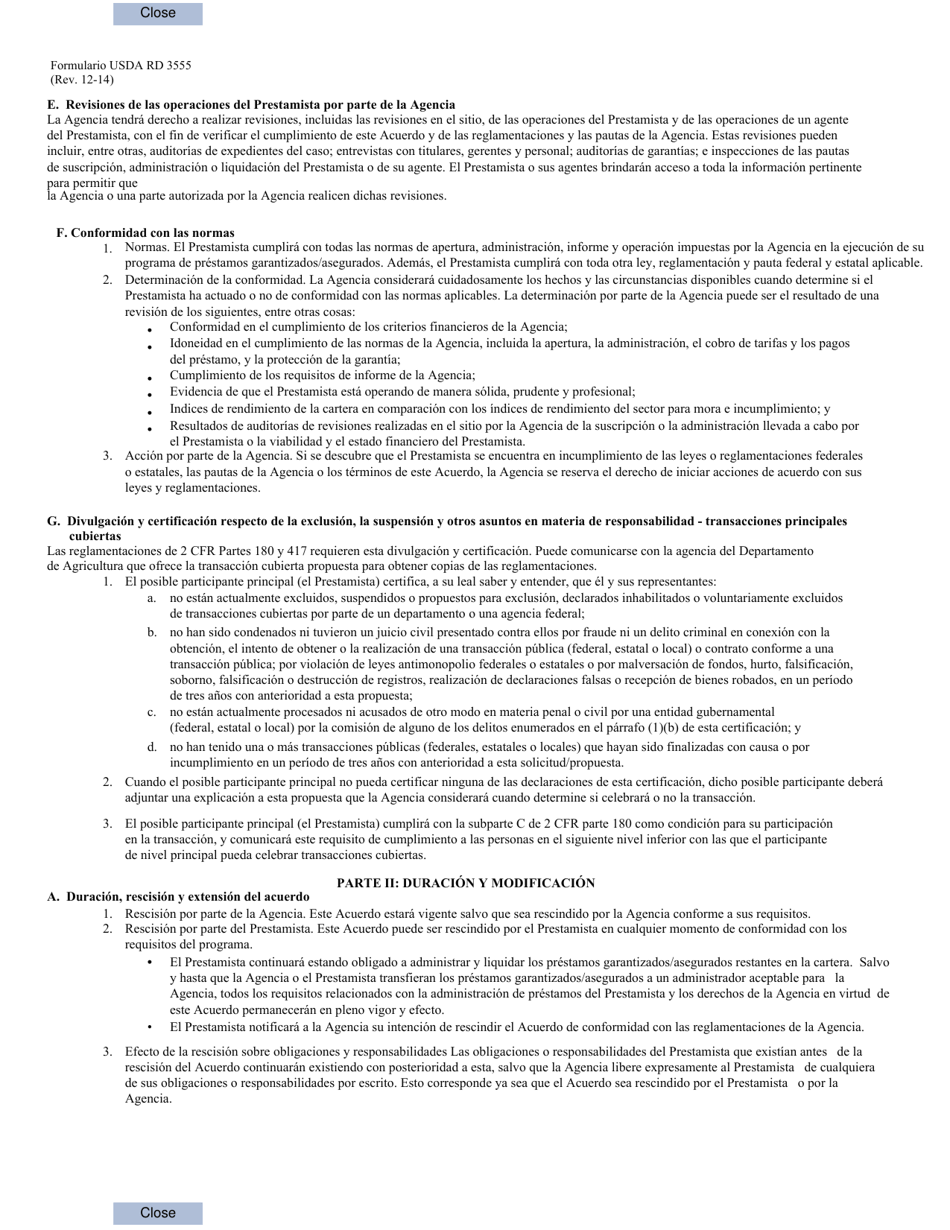 Formulario RD3555 Acuerdo De Participacion En Programas De Prestamos Garantizados / Asegurados Para Vivienda Unifamiliar Del Gobierno De Los Estados Unidos (Spanish), Page 4