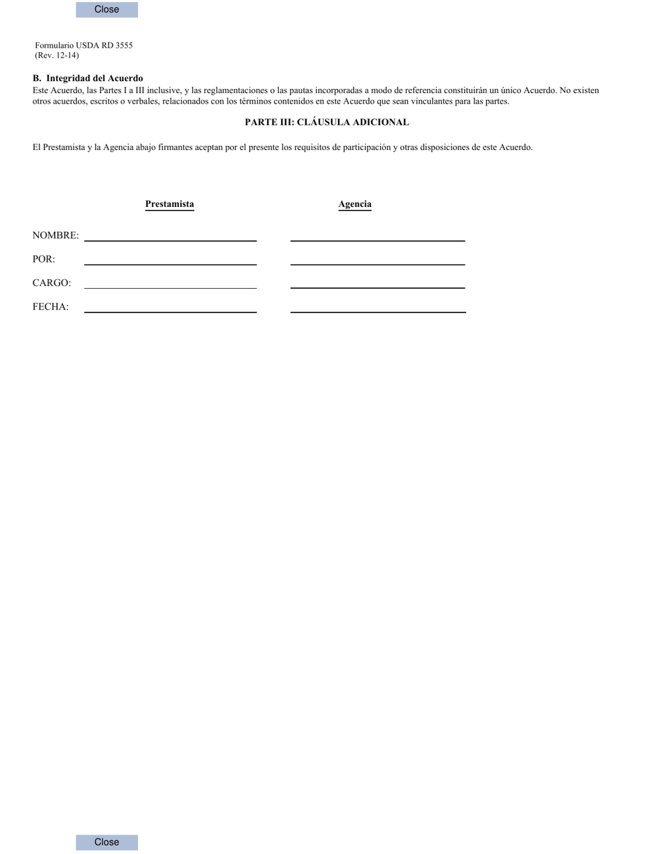 Formulario RD3555 Acuerdo De Participacion En Programas De Prestamos Garantizados / Asegurados Para Vivienda Unifamiliar Del Gobierno De Los Estados Unidos (Spanish), Page 5