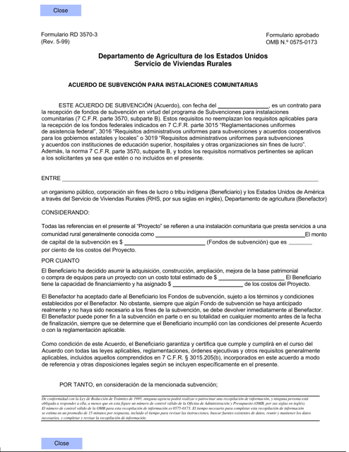 Formulario RD3570-3 Acuerdo De Subvencion Para Instalaciones Comunitarias (Spanish)