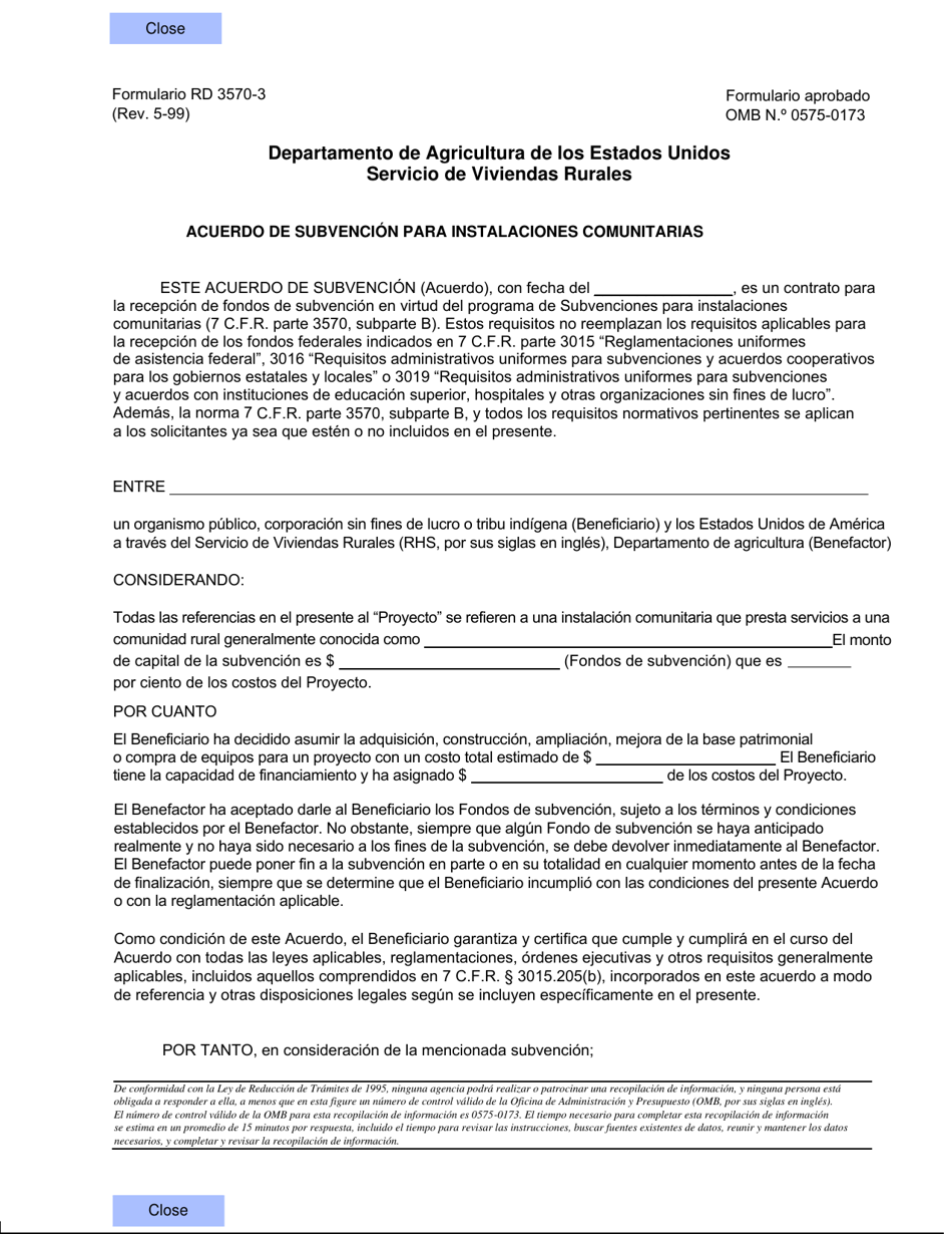 Formulario RD3570-3 Acuerdo De Subvencion Para Instalaciones Comunitarias (Spanish), Page 1
