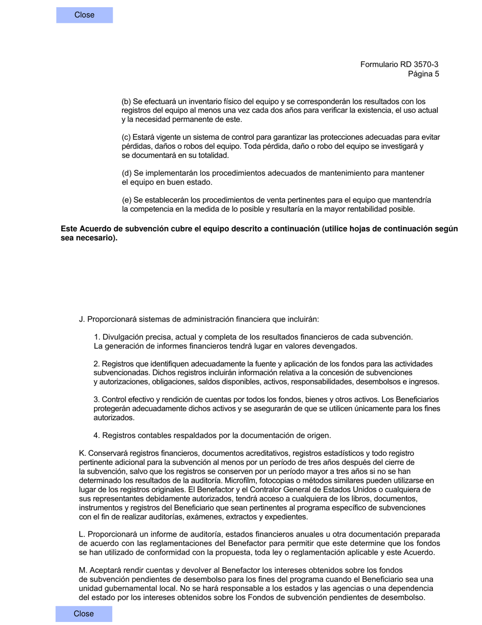 Formulario RD3570-3 Acuerdo De Subvencion Para Instalaciones Comunitarias (Spanish), Page 5