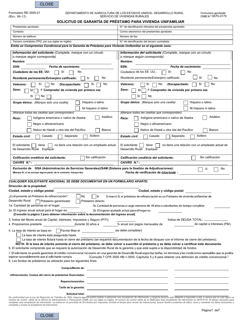 Formulario RD3555-21 Solicitud De Garantia De Prestamo Para Vivienda Unifamiliar (Spanish), Page 1