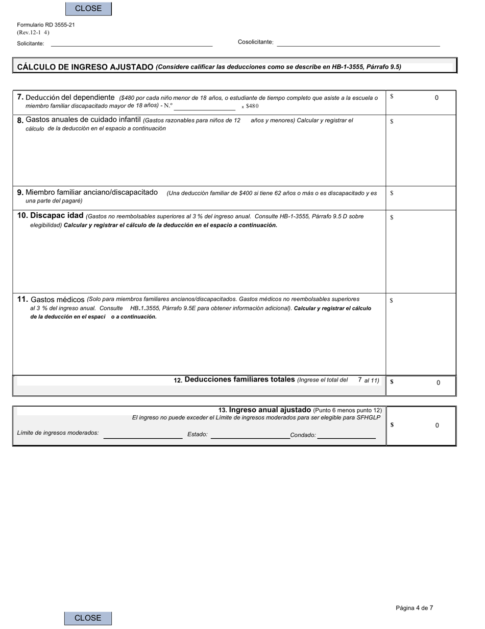 Formulario RD3555-21 Solicitud De Garantia De Prestamo Para Vivienda Unifamiliar (Spanish), Page 4