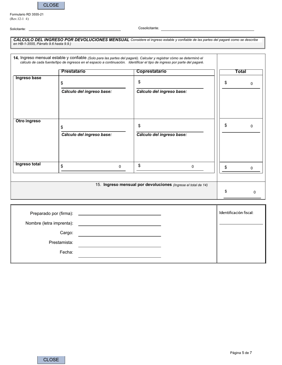 Formulario RD3555-21 Solicitud De Garantia De Prestamo Para Vivienda Unifamiliar (Spanish), Page 5
