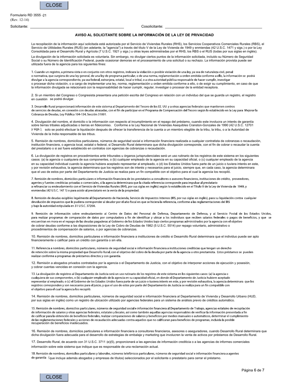 Formulario RD3555-21 Solicitud De Garantia De Prestamo Para Vivienda Unifamiliar (Spanish), Page 6
