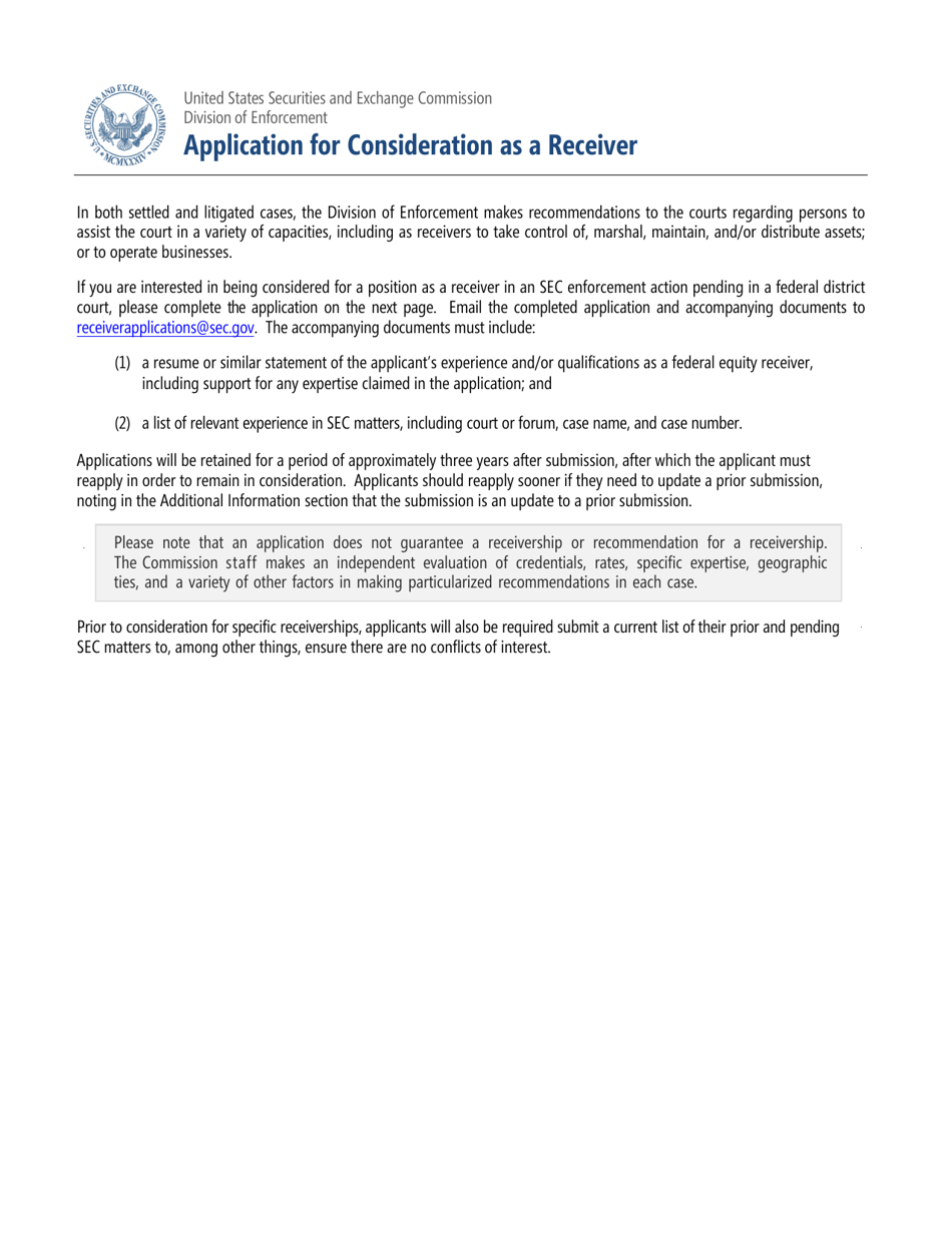 Application for Consideration as a Receiver Fill Out, Sign Online and